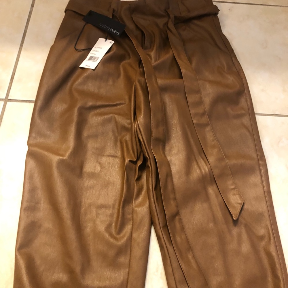 Lucy Paris size 24 coffee leather paper bag pants